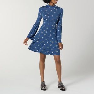 Bongo Blue Floral Mock Neck Bell Sleeve Dress